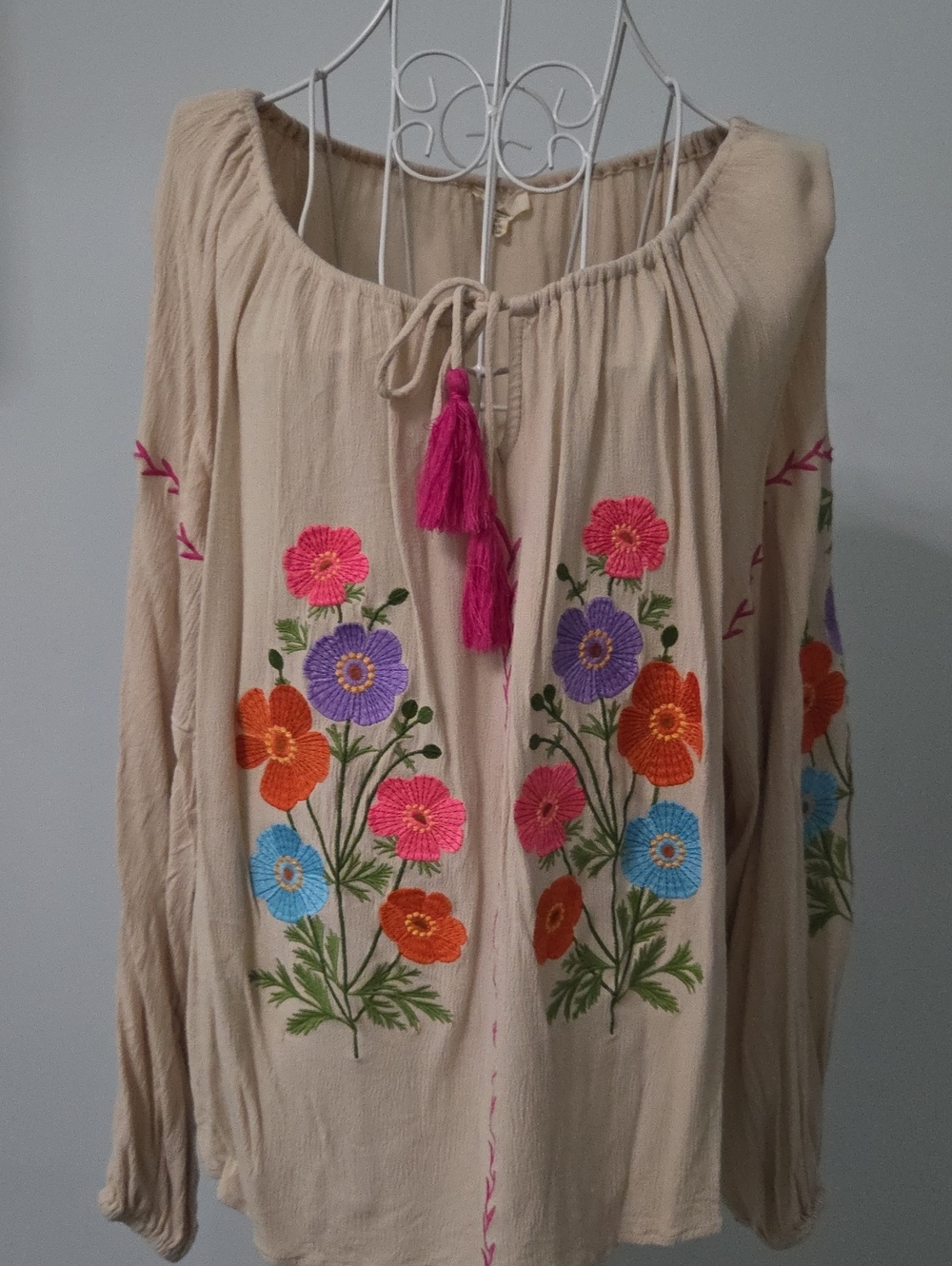 easel Beige Peasant Blouse with Bright Floral Embroidery